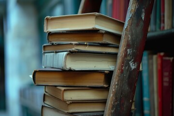 Wall Mural - Stack of old, hardcover books placed on an aged wooden ladder, symbolizing a journey of knowledge