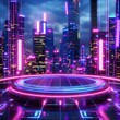 Futuristic cyberpunk-themed product podium with neon lights and holographic elements, set against a backdrop of a high-tech urban landscape, ideal for modern gadgets