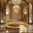 Luxurious gold-finished podium set in an elegant room with marble floors and crystal chandeliers, perfect for showcasing high-end jewelry or designer fragrances.