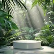 Minimalist white podium in a lush forest setting, spotlighted by natural sunlight, providing an eco-friendly atmosphere for showcasing organic products