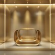 Modern metallic gold stand, with a smooth finish and clean lines, located in a chic gallery-like space with spotlights that enhance the allure of luxury goods
