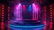 Neon-framed product podium with integrated LED light effects, providing a vibrant and eye-catching display in a nightclub-like atmosphere