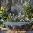 Raw black rock podium surrounded by wildflowers and natural wood elements, creating a rustic yet sophisticated setting for eco-friendly products