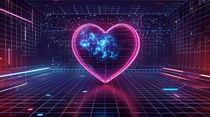 Poster - cover or banner layout in retro futuristic cyberpunk style with wireframe ornament, heart, planet fi