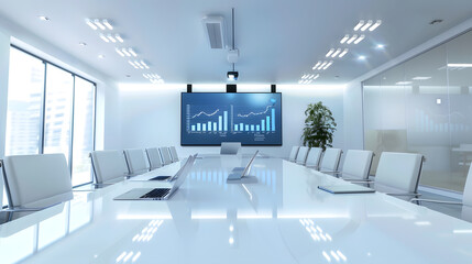 Fototapete - Modern Empty Meeting Room with Big Conference Table with Various Documents and Laptops on it on the Wall Big TV with Big Data Statistics Talks about Company Growth Contemporary Designe : Generative AI