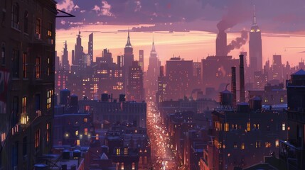 Aufkleber - Twilight scene of a downtown district with illuminated skyscrapers standing tall amidst bustling city streets