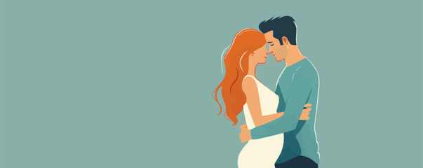 Wall Mural - married couple of a pregnant wife and husband. A man embraces a woman in love beautifu. vector simple illustration