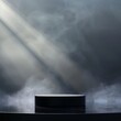 Sleek black podium set against a backdrop of morning mist, with subtle sunlight filtering through, providing a serene yet striking environment for product displays