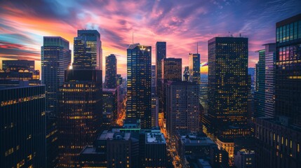 Aufkleber - Twilight scene of a downtown district with illuminated skyscrapers standing tall amidst bustling city streets