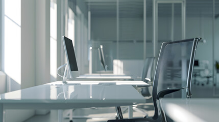 Poster - Large angle view Interior of an empty modern office with an empty desk Business and workplace Clean interior of a corporate company : Generative AI