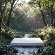 Sleek white display podium positioned on a forest path, surrounded by ancient trees and natural greenery, offering a unique and serene setting for product exhibitions