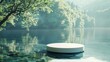 Sleek white podium positioned at the edge of a tranquil lake, reflecting the calm waters around it, ideal for showcasing products in a peaceful natural setting