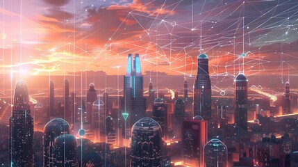 Poster - A Digital Painting of a Futuristic Cityscape Powered by Interconnected Renewable Energy Grids