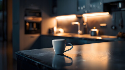 Wall Mural - Beautiful coffee cup on island or table countertop in modern home kitchen Dark grey kitchen design  detail of interior : Generative AI
