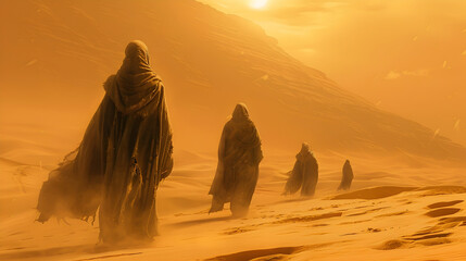 Majestic Saharan Sandstorm with Towering Dunes and Nomadic Tuareg Caravans