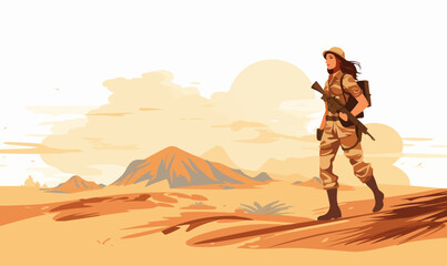 Sticker - woman soldier in desert isolated vector style with transparent background illustration