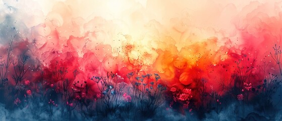 Wall Mural - Colorful watercolor background of summer meadow with flowers