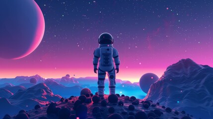 Poster - Space landscape with astronaut standing in suit and helmet on alien planet surface with blue rock mountains and glowing celestial body. Modern illustration of outer space landscape with astronaut in