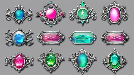 Poster - Silver ornate frame around game button. Set of comic modern illustrations for gui design elements - a menu or action nameplate. Metal deco border with pastel pink, blue and green gemstones.