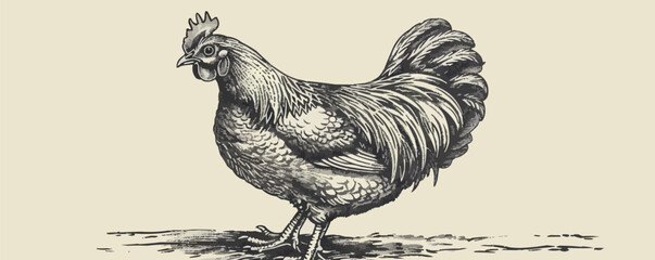 chicken Engraving style. Simple pencil drawing vector