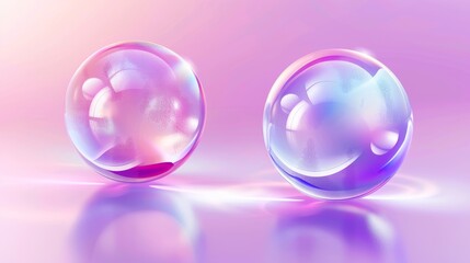 Poster - The transparent soap ball has pink and purple iridescent reflections. 3D modern illustration set of rainbow water spheres and shampoo foams.