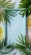 summer wooden frame with copy space and colorful floral pattern, colorful palm leaves. Botanical tropical leaves. Sunlight and shadows.