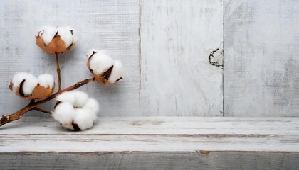 rustic old wooden boards table cotton flowers