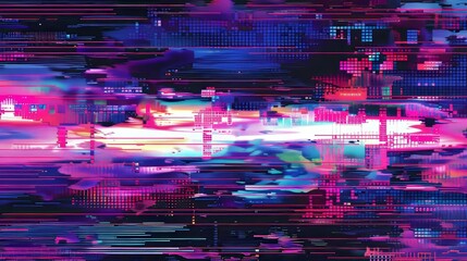 Poster - An overlay of signal error broadcast line art over a pixel texture background. Wide speed rewind frame with glitch game effect. Retro television graphic design for the VHS digital pattern.