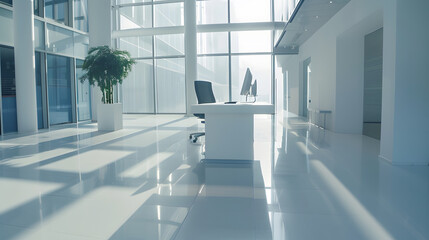 Poster - Large angle view Interior of an empty modern office with an empty desk Business and workplace Clean interior of a corporate company : Generative AI