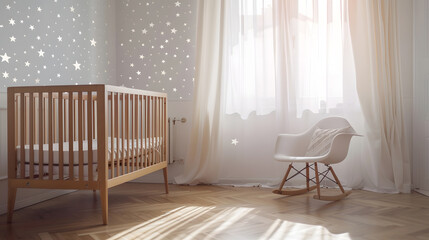 Interior of spacious nursery with wooden crib and empty chair by star wallpaper at contemporary white apartment : Generative AI