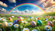 A digital artwork depicting a vibrant Easter scene with a rainbow, colorful eggs, and daisies gently swaying in the wind in a scenic meadow, symbolizing the beauty of springtime celebrations.