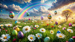 A digital artwork capturing the magic of Easter with a rainbow, colorful eggs, and daisies fluttering in the wind in a picturesque meadow, symbolizing the beauty and joy of spring.