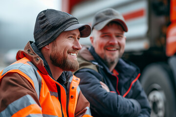 Two truckers sitting and smiling on a bench talking in a blurry truck background 