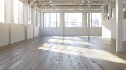 Aufkleber - Modern sunny empty loft room with white wall and wooden floor 3D Render : Generative AI