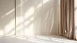 © Generative AI - Neutral modern empty room with sunlight shadow white blank wall background beige linen curtain stone floor or tabletop aesthetic minimalist interior design template : Generative AI