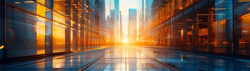 Poster - Sunlit Skyscraper Reflecting Vibrant Golden Hues in an Urban Landscape at Dusk