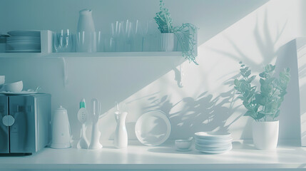 Aufkleber - Rent of modern housing sale of new apartment modern renovation White furniture with utensils shelves with crockery and plants in pots refrigerator in simple minimal dining room empty s : Generative AI