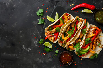 Wall Mural - Colorful Mexican Chicken Fajita Taco with Fresh Vegetables in Dark Background.  Food Photography