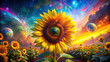A dream-like vision of a yellow sunflower in a surreal setting, surrounded by vibrant colors and artistic flair, perfect for creative projects.