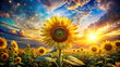 A dream-like composition of a yellow sunflower in a surreal landscape, blending vibrant colors and artistic elements for a fantasy-inspired image.