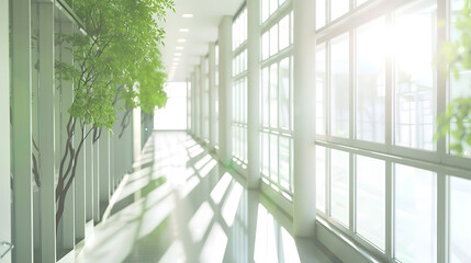 Poster - Empty corridor in modern office building with green tree outside the window : Generative AI