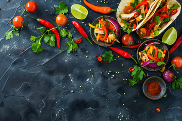 Wall Mural - Colorful Mexican Chicken Fajita Taco with Fresh Vegetables in Dark Background.  Food Photography