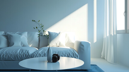 Wall Mural - Room interior with sofa modern apartment design Couch furniture at home minimal stylish living room of cozy flat Vertical shot of simple loft coffee table near window : Generative AI