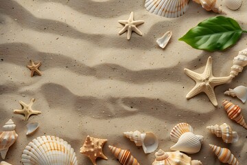 Wall Mural - Beach sand top view - Seashells and starfish scattered on sandy beach textures