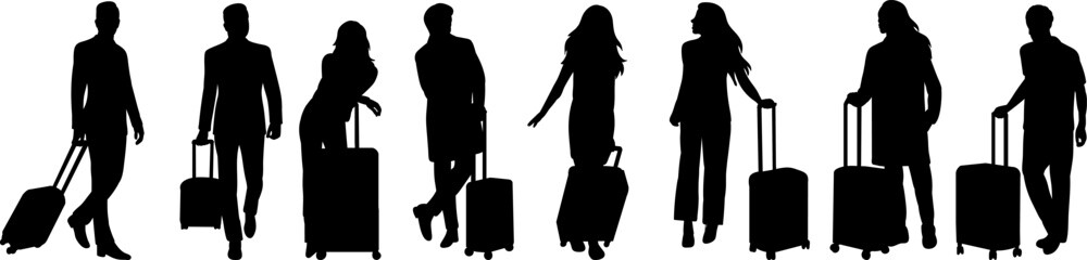 Wall Mural - set of people with suitcases silhouette on white background vector