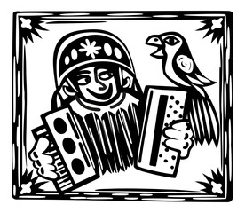 Brazilian cordel style. Accordionist with parrot. Woodcut style.