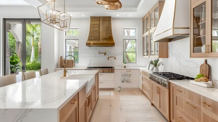 Bright Organic Transitional Kitchen in Florida with Wood Cabinets and White Quartz Countertops