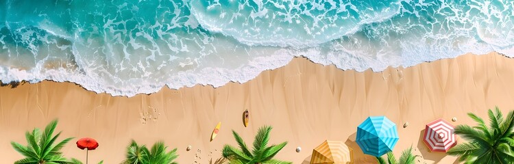 Wall Mural - Beach sand top view - Tropical bliss with azure waves kissing sandy shores