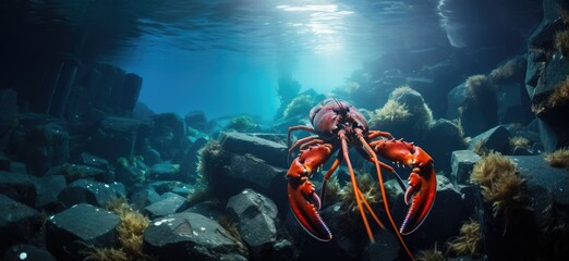 Elegant Red Lobster Navigating Blue Waters Next to Grey Coastal Rocks