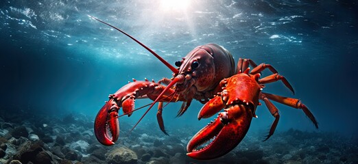 Vibrant Red Lobster Amidst Blue Ocean Waters and Grey Rocks